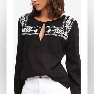 J.Crew Embroidered Top In Cotton Voile Blouse Black Ivory Sz XS H7000